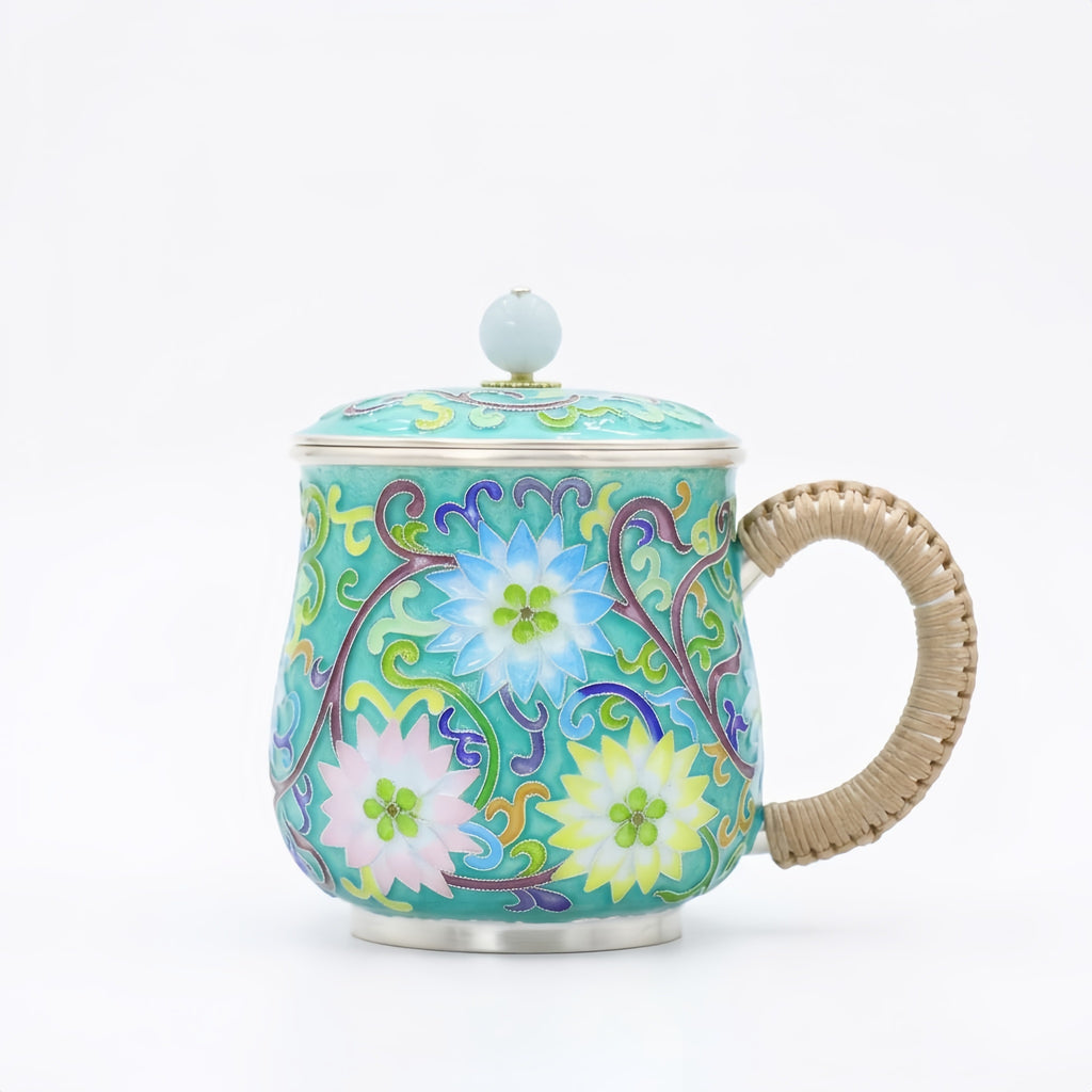 925 Sterling Silver Elegant Turquoise Cloisonné Floral Enamel Mug with Matching Lid and Woven Handle - Handicraft