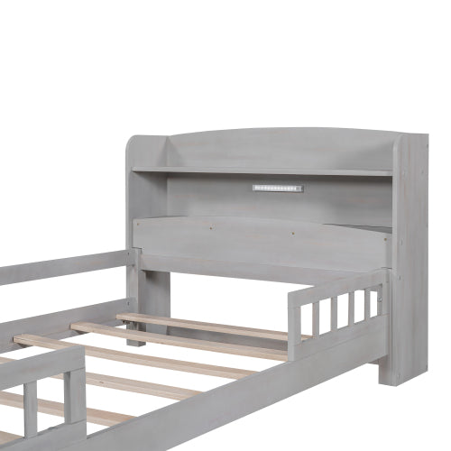 Wood Twin Size Platform Bed With Built-in LED Light, Storage Headboard And Guardrail, Antique Grey