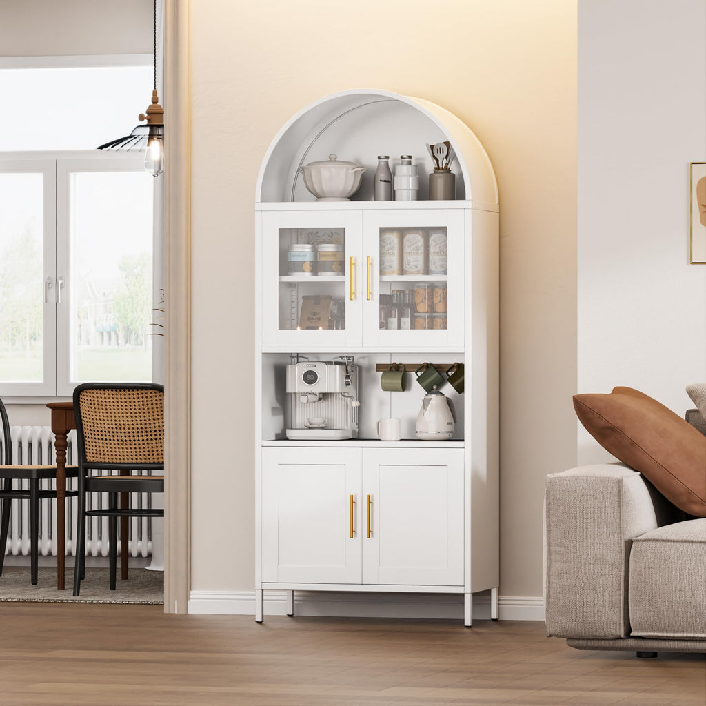 Metal Arched Cabinet,73'' Kitchen Pantry Storage Cabinet With Doors Shelves, White Arched Bookcase Display Bookshelf For Home Office Bar Living Room, Assemble Require