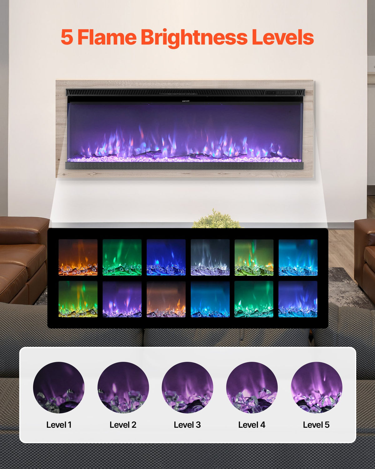 50 Inch Electric Fireplace, Three-Sided Glass Wall Mounted Recessed Fire Place With Remote Control, Timer, 1500W, Adjustable Flame Color Brightness,Overheat Protection, For Living Room,Bedroom