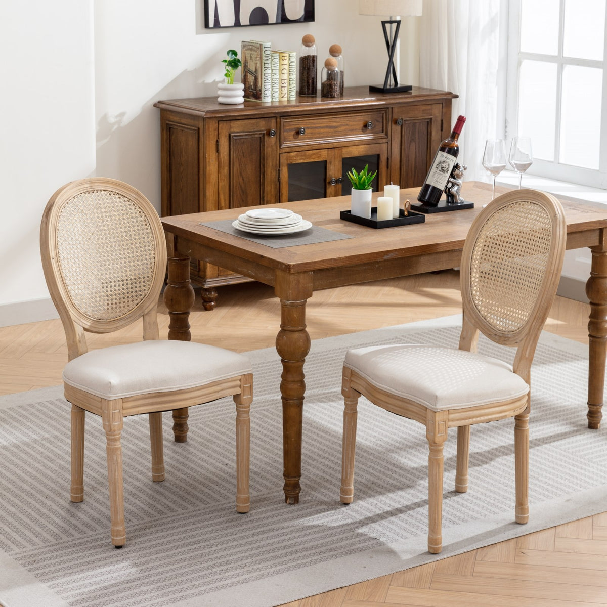A&A French Style Solid Wood Antique Linen & Rattan Back Dining Chair