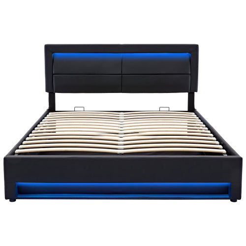 Upholstered Bed 135 X 190 Cm,Double Bed-4ft6,with USB Port  Supports Wireless And Wired Charging, With LED Lighting And Storage Space, Without Mattress, PU-Lychee Design, Black