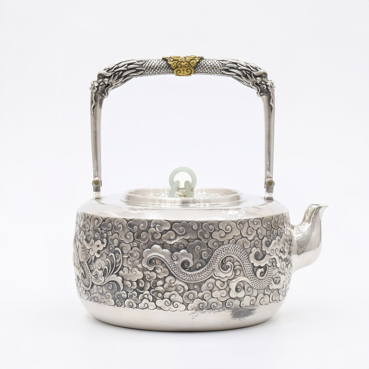 Pure 999 Fine Silver Exquisite Silver Teapot Featuring Intricate Dragon and Cloud Repoussé with Jade Ring Accent - Handicraft