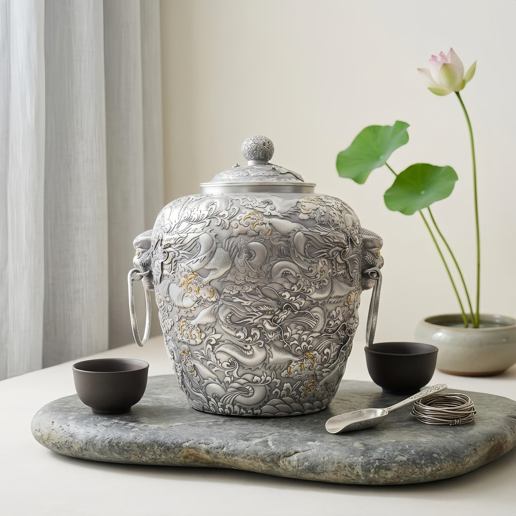 925 Sterling Silver Ornate Silvered Metal Jar Featuring Intricate Celestial Dragon Motifs and Sculptured Handles - Handicraft