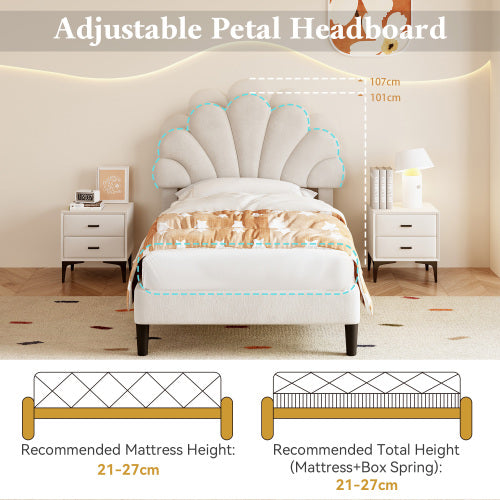 3ft Single Upholstered Velvet Bed Frame, With Adjustable Chic Petal Headboard, Velvet Platform Bed Frame With Solid Wood Slat, No Box Spring Needed, Easy Assembly, Beige