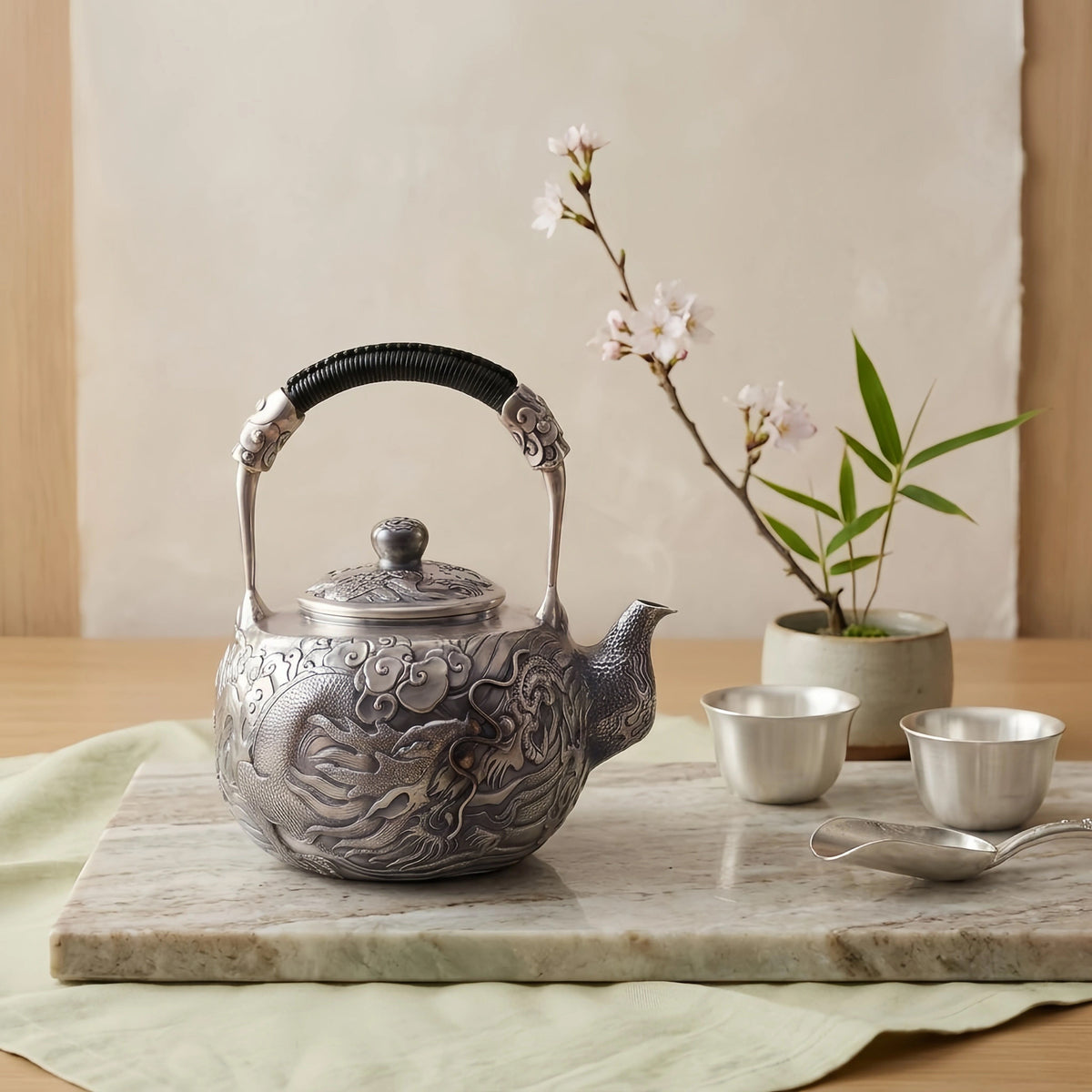Pure 999 Fine Silver Handcrafted Silver Dragon Teapot with Intricate Relief Carvings and Woven Handle - Handicraft