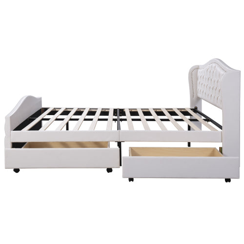 Upholstered Bed 135 X 190cm - Bed With Slatted Frame, 2 Drawers And Headboard With Pull Point Rivets - Wood & Faux Leather - White - Youth Bed Guest Bed