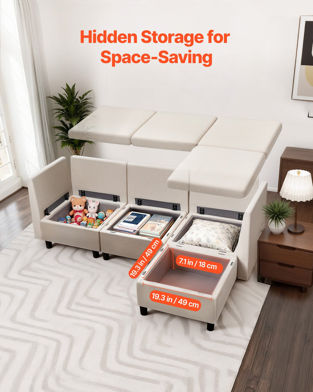 Modular Sectional Sofa, 3-Seater Modular Sofa With Hidden Storage, Cloud Sectional Couch With Ottoman & High Rebound Sponge, Solid Wood Frame Upholstered Couch For Living Room, Bedroom, Beige