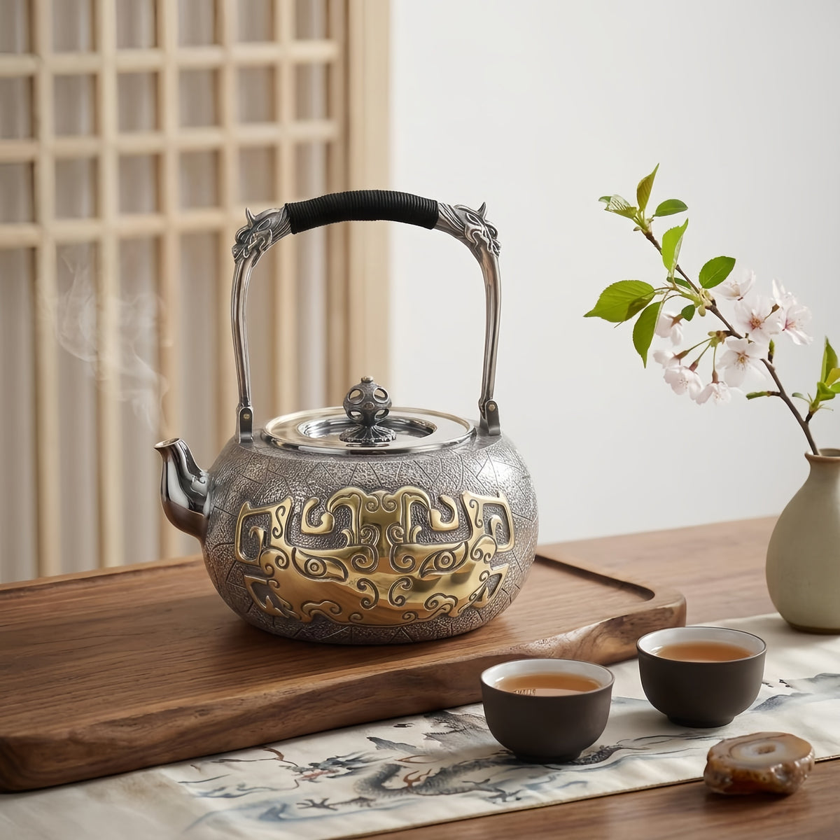 Pure 999 Fine Silver Exquisite Handcrafted Silver Teapot Featuring Metallic Mythical Mask and Dragon Motif Handle - Handicraft