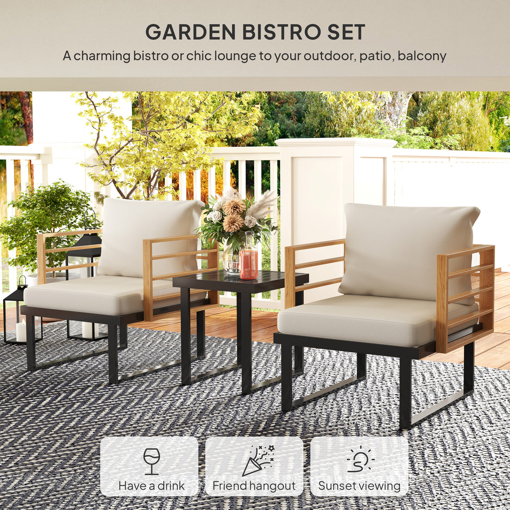 3 Piece Metal Bistro Set, Small Patio Furniture Set With Cushions, Armchairs, Slatted Table For Backyard Balcony, Beige