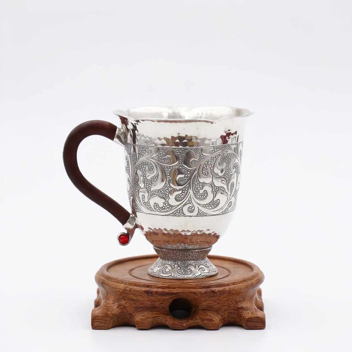 925 Sterling Silver Ornate Hand-Engraved Sterling Silver Pitcher with Dark Wood Handle and Intricate Floral Patterns - Handicraft