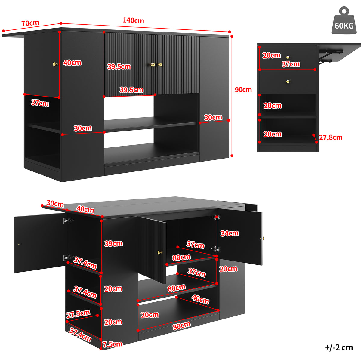 Modern Kitchen Island, Sideboard, Kitchen Cabinet With Drawers And Shelves, Sideboard For Kitchen & Dining Room, Black