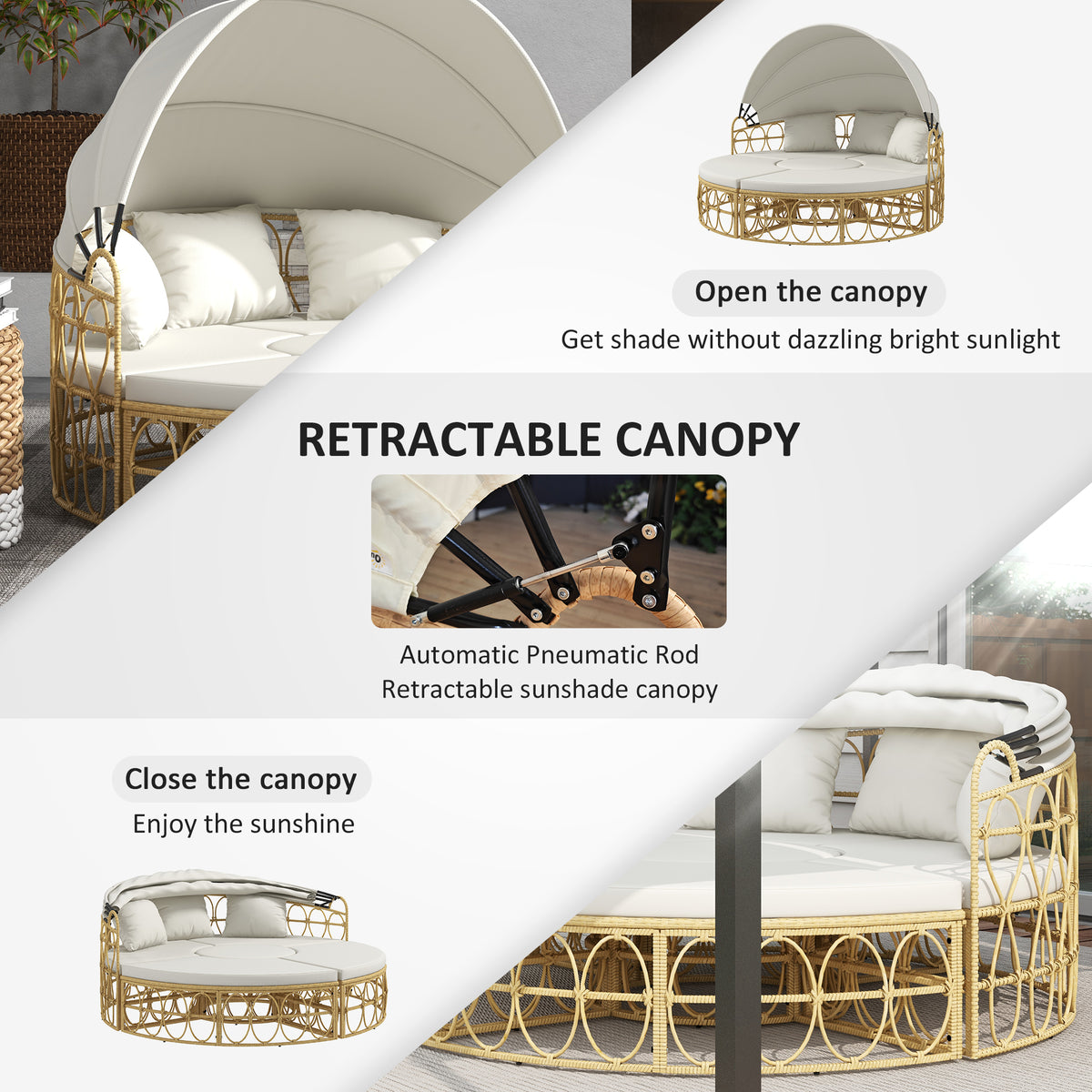 Patio Furniture Set, Round Outdoor Daybed with Retractable Canopy, Hollow Wicker PE Rattan Sectional Sofa with Washable Couch Cushions for Pool, Lawn, Cream White