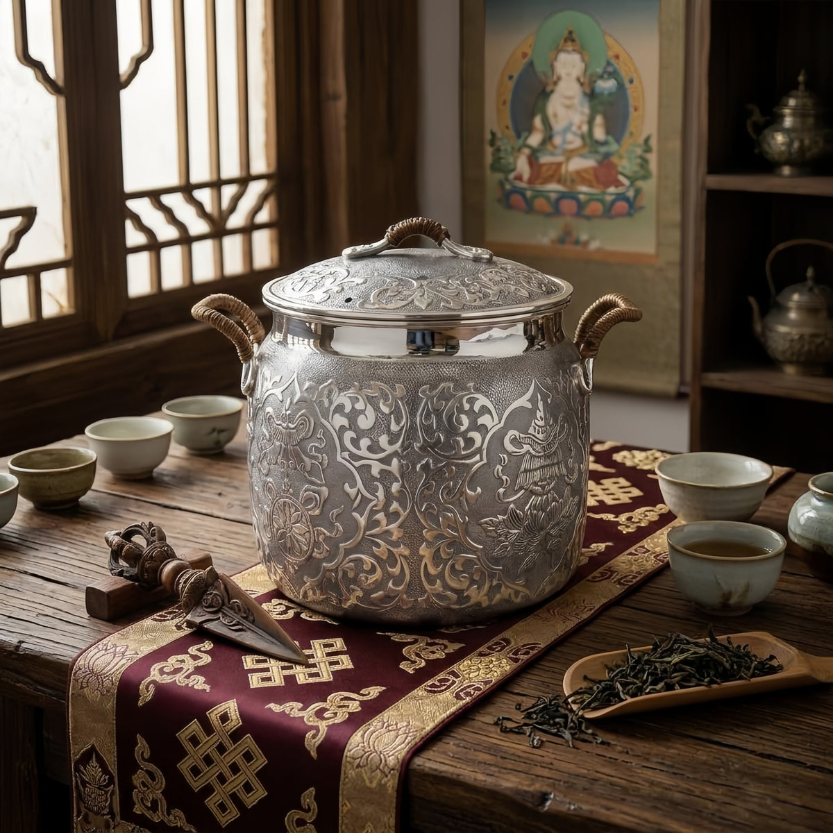 925 Sterling Silver Antique  Pot with Intricate Floral Engraving and Wooden Handles-Premium Hot Pot - Handicraft