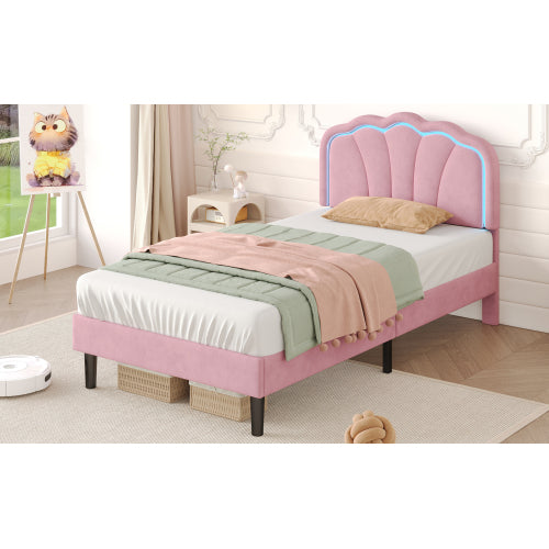 3ft Single Upholstered Bed With LED Adjustable Shell Shape Headboard, Soft Velvet Bed Frame With Solid Wood Slat, No Box Spring Needed, Easy Assembly, Cream White No Mattress