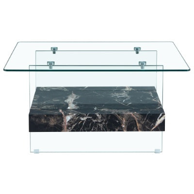 Modern Glass Coffee Table 2-Tier Square | Black Marble Design