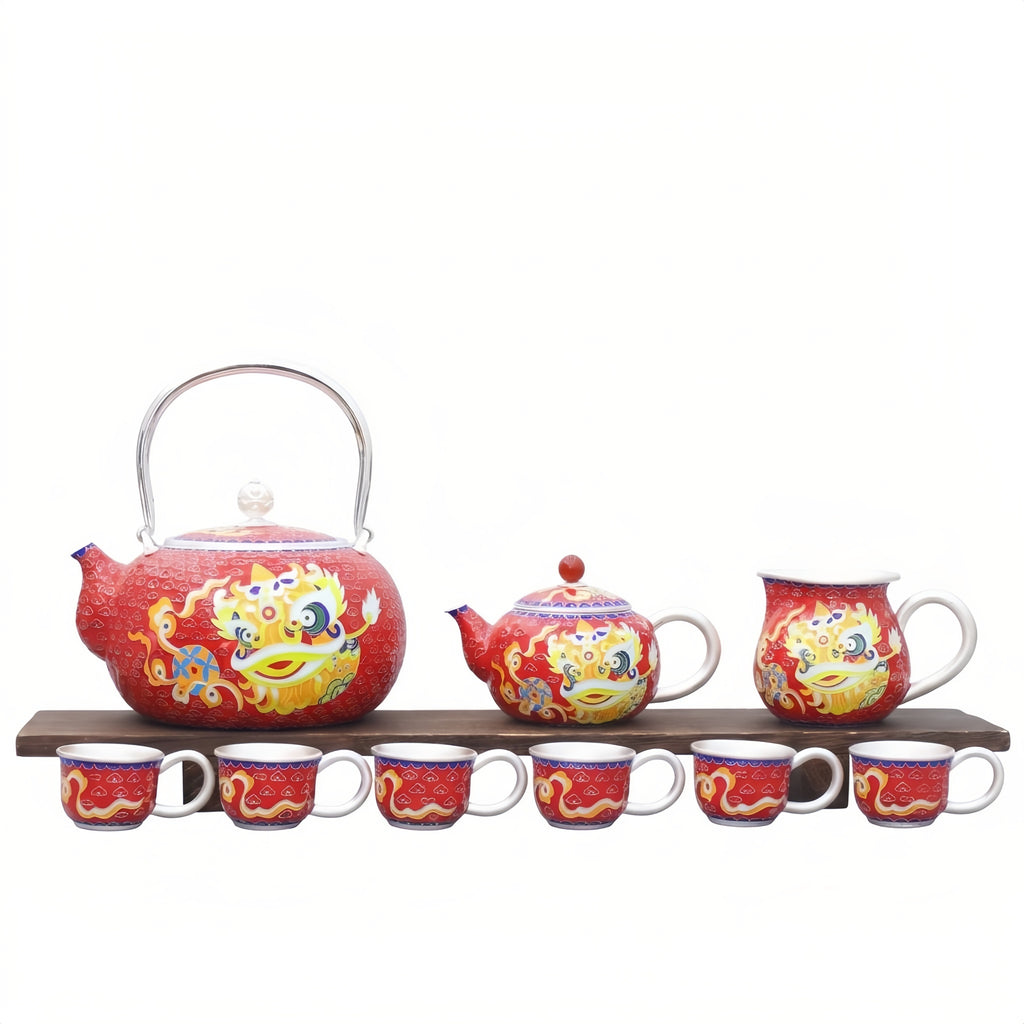 925 Sterling Silver Dragon Motif Tea Set: Traditional Red and Gold Ceramic Collection - Handicraft