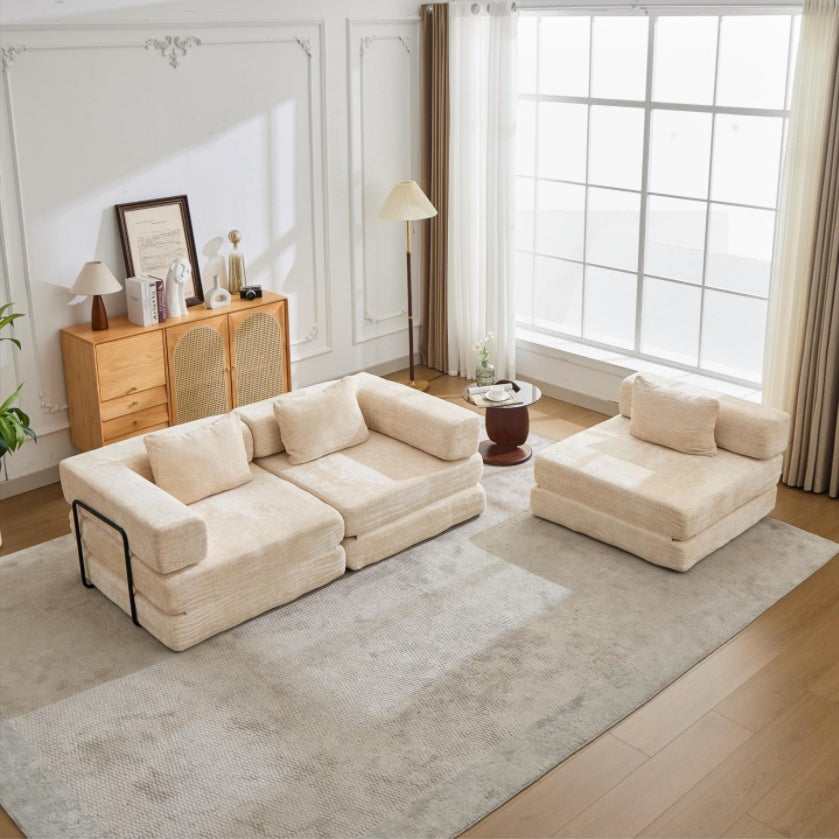 Compression Sofa,Convertible Floor Sofa Bed With Fixed-Shape Frame, Boneless Modular Sectional Sofa,No Assembly Required,Chenille Fabric,for Living Room Bedroom,Beige