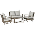 4 Piece Wicker Patio Furniture Set with 2 Rocking Chairs, Loveseat Sofa, Outdoor PE Rattan Conversation Set with Cushions, Aluminum Table for Porch, Poolside, Light Gray