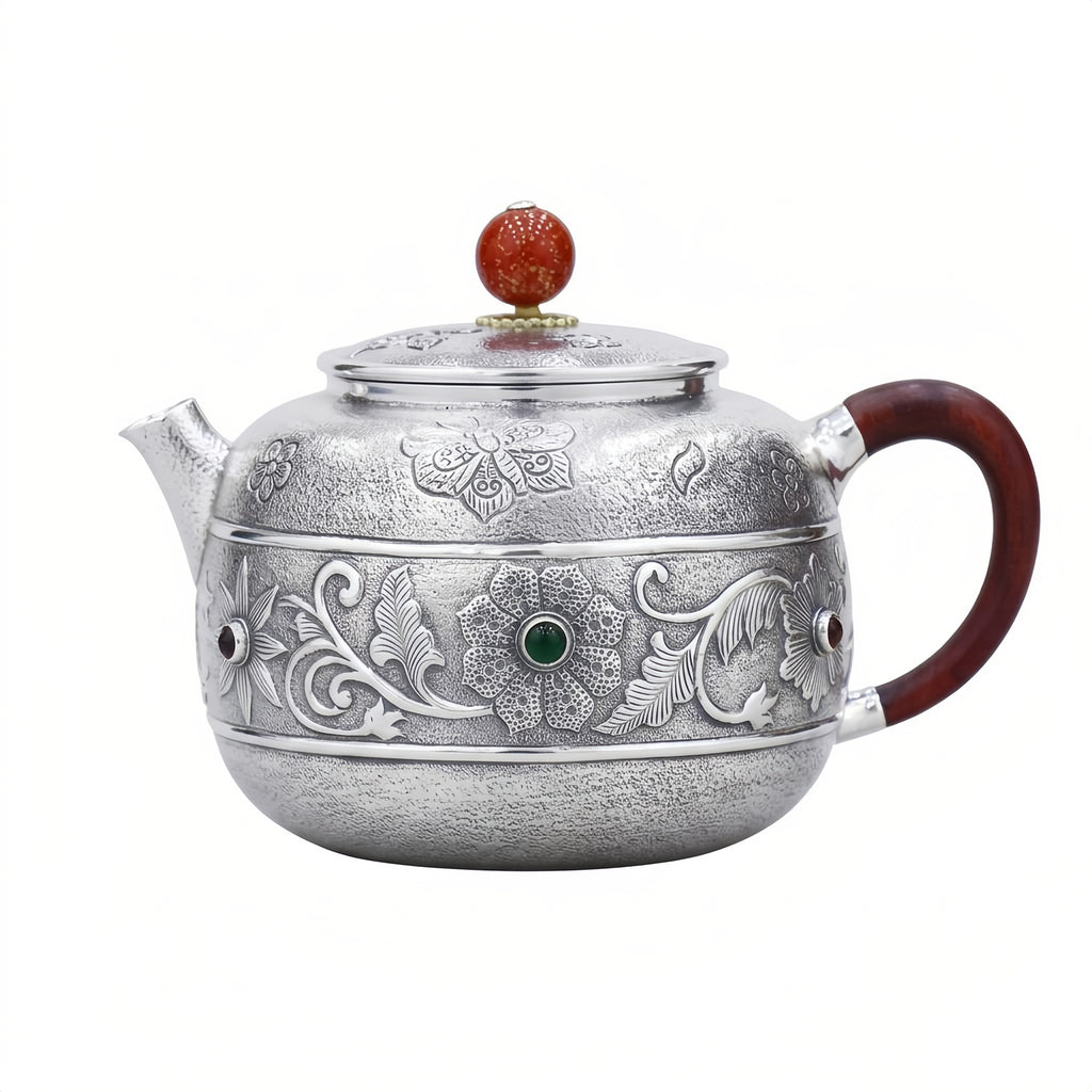 Pure 999 Fine Silver Handcrafted Silver Teapot with Intricate Floral Engravings and Gemstone Accents - Handicraft