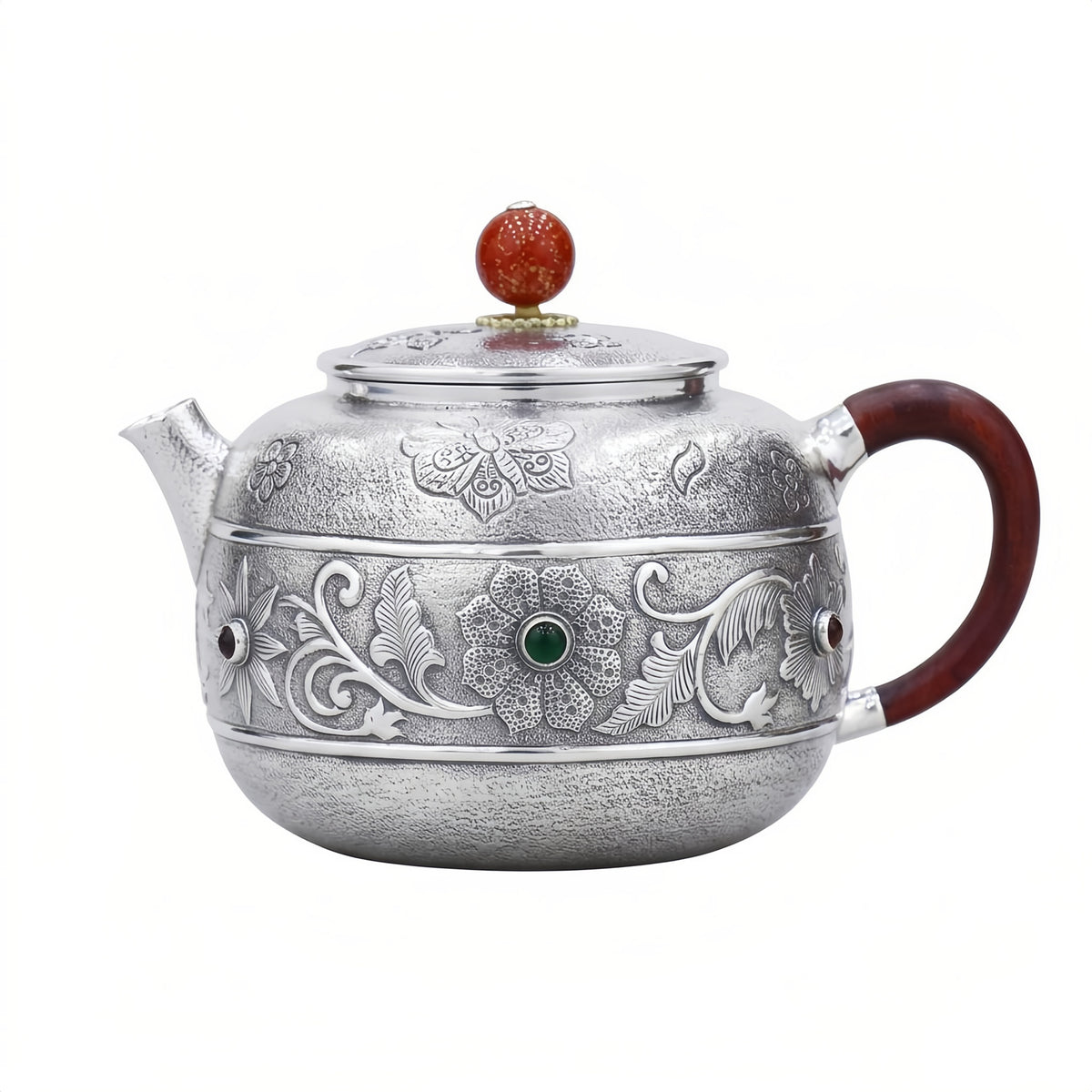 Pure 999 Fine Silver Handcrafted Silver Teapot with Intricate Floral Engravings and Gemstone Accents - Handicraft