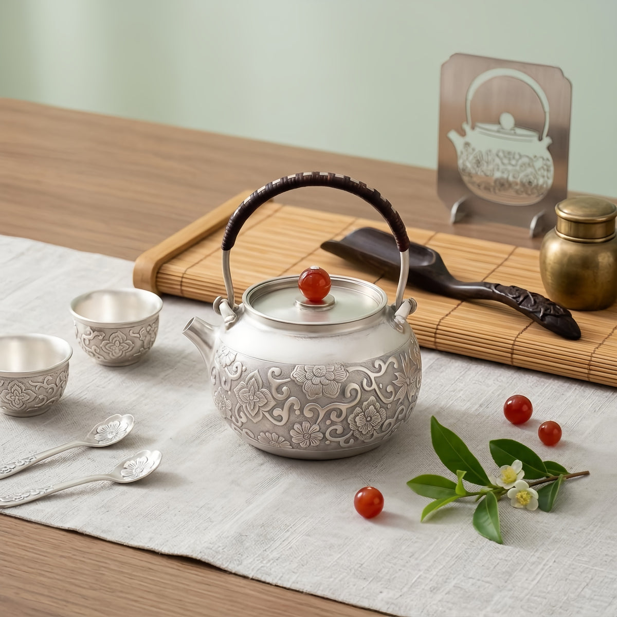 Pure 999 Fine Silver Elegant Silver Floral Teapot with Woven Handle and Red Gemstone Lid Finial - Handicraft