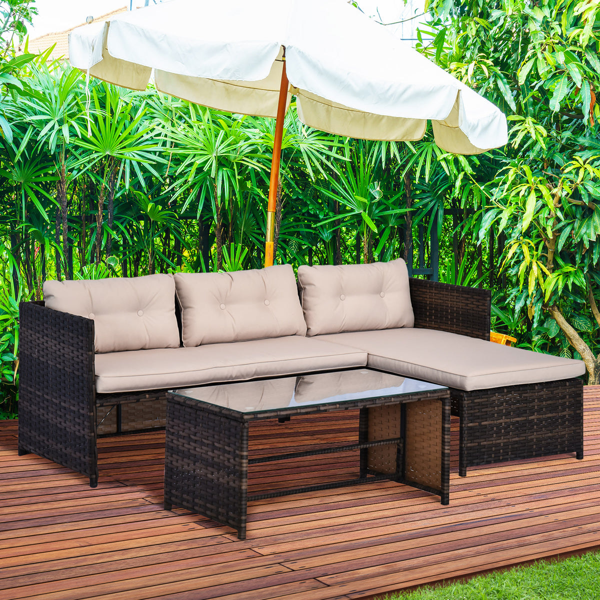 3 Piece Patio Furniture Set, Rattan Outdoor Sofa Set With Chaise Lounge & Loveseat, Soft Cushions, Tempered Glass Table, L-Shaped Sectional Couch, Beige