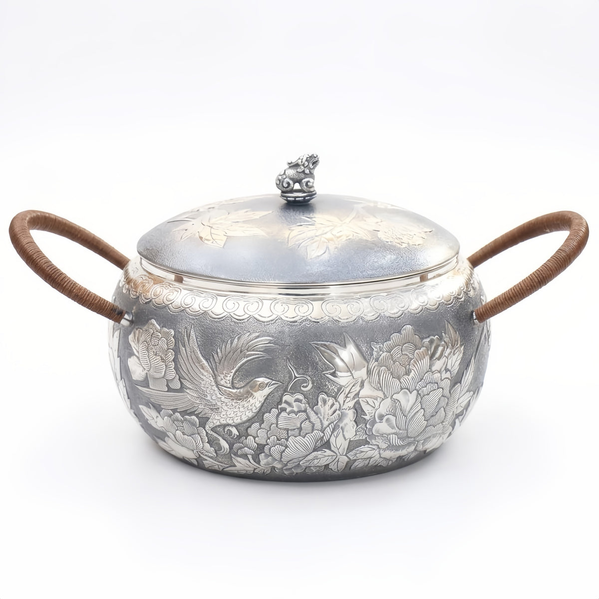 Pure 999 Fine Silver Ornate Silver Engraved Pot with Bird and Floral Motifs and Rattan Handles - Handicraft