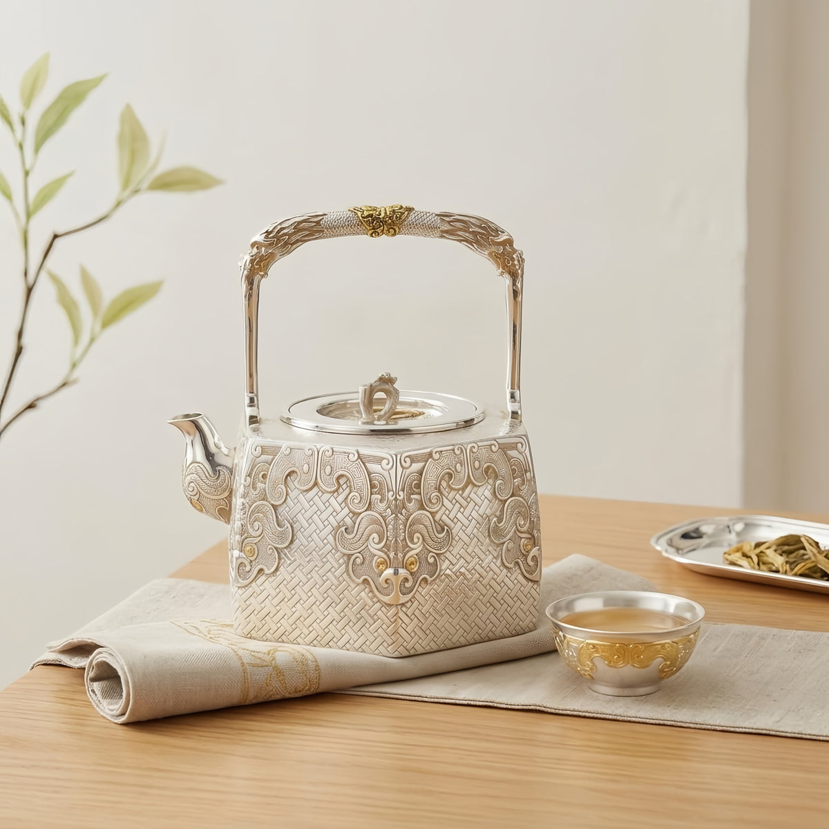 Pure 999 Fine Silver Ornate Handcrafted Silver Kettle with Intricate Basketweave and Mythical Motifs - Handicraft