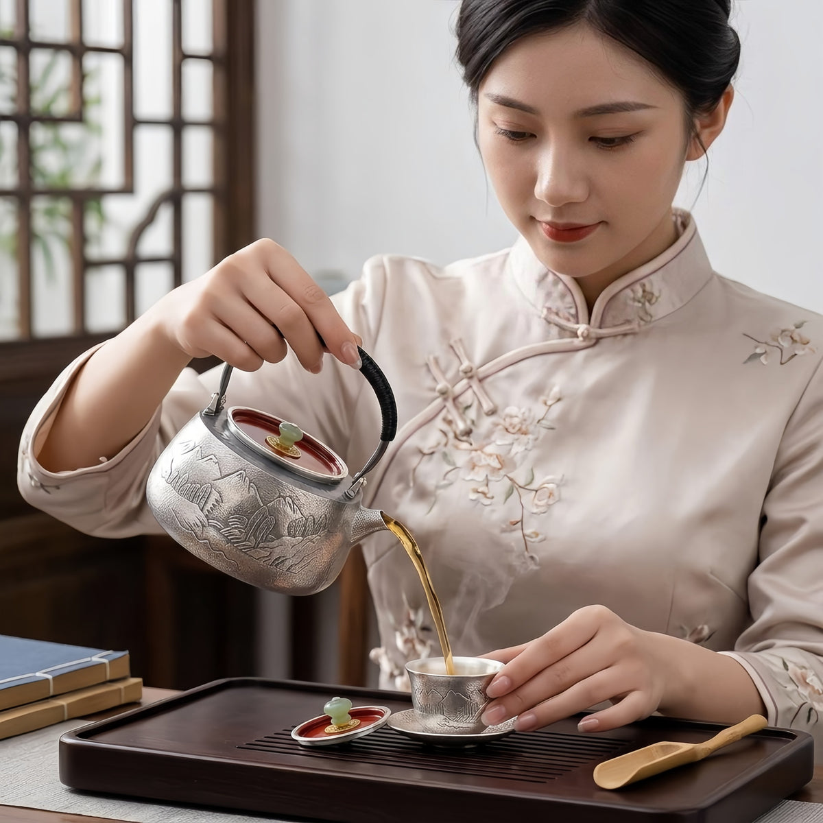 925 Sterling Silver Exquisite Handcrafted Silver Teapot with Engraved Mountain Landscape and Jade Lid Finial - Handicraft