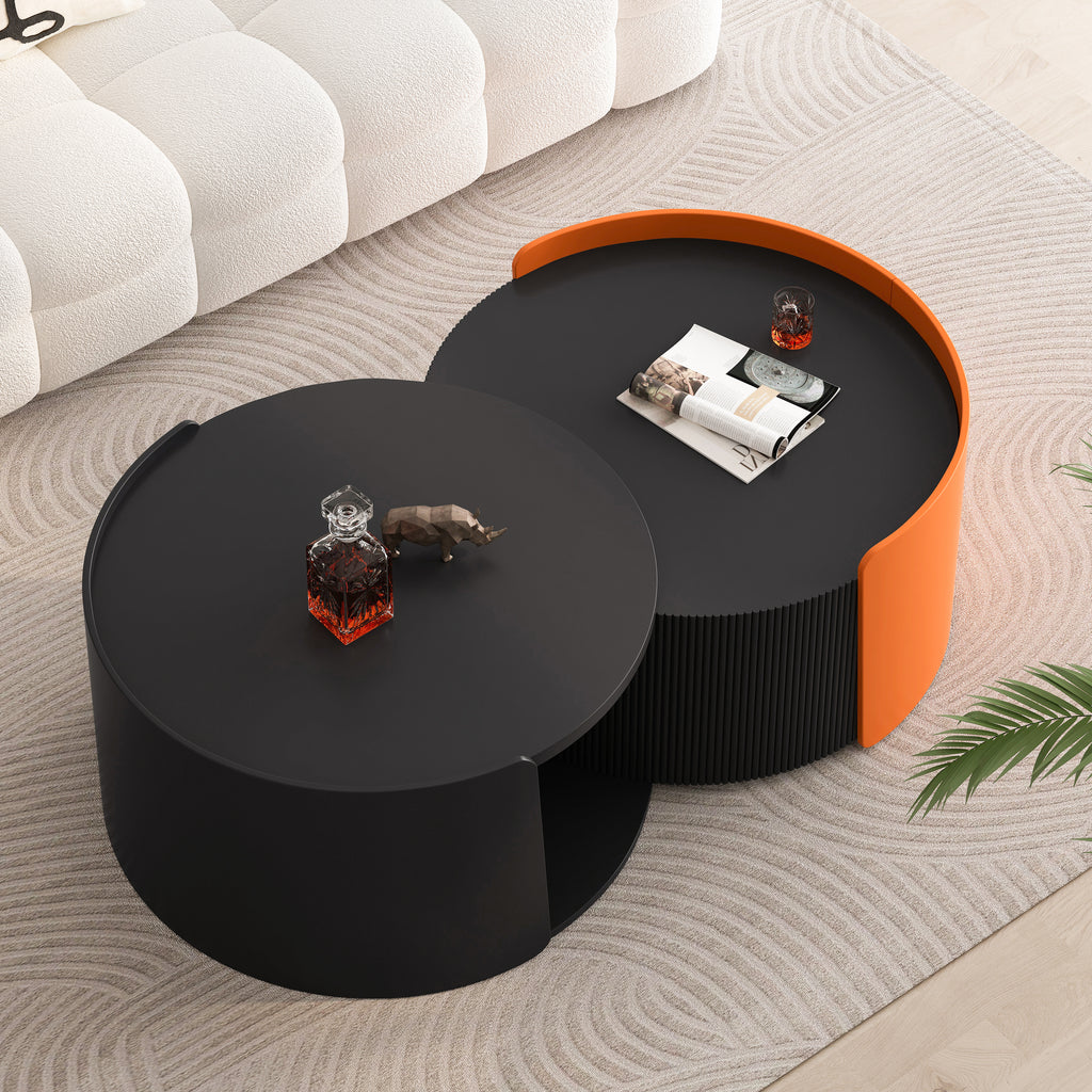 Nesting Coffee Table, Round Nesting Tables And End Tables For Small Space, Modern Side Tables With Extendable Sliding Tabletop For Living Room, Office,Black, No Need Assembly
