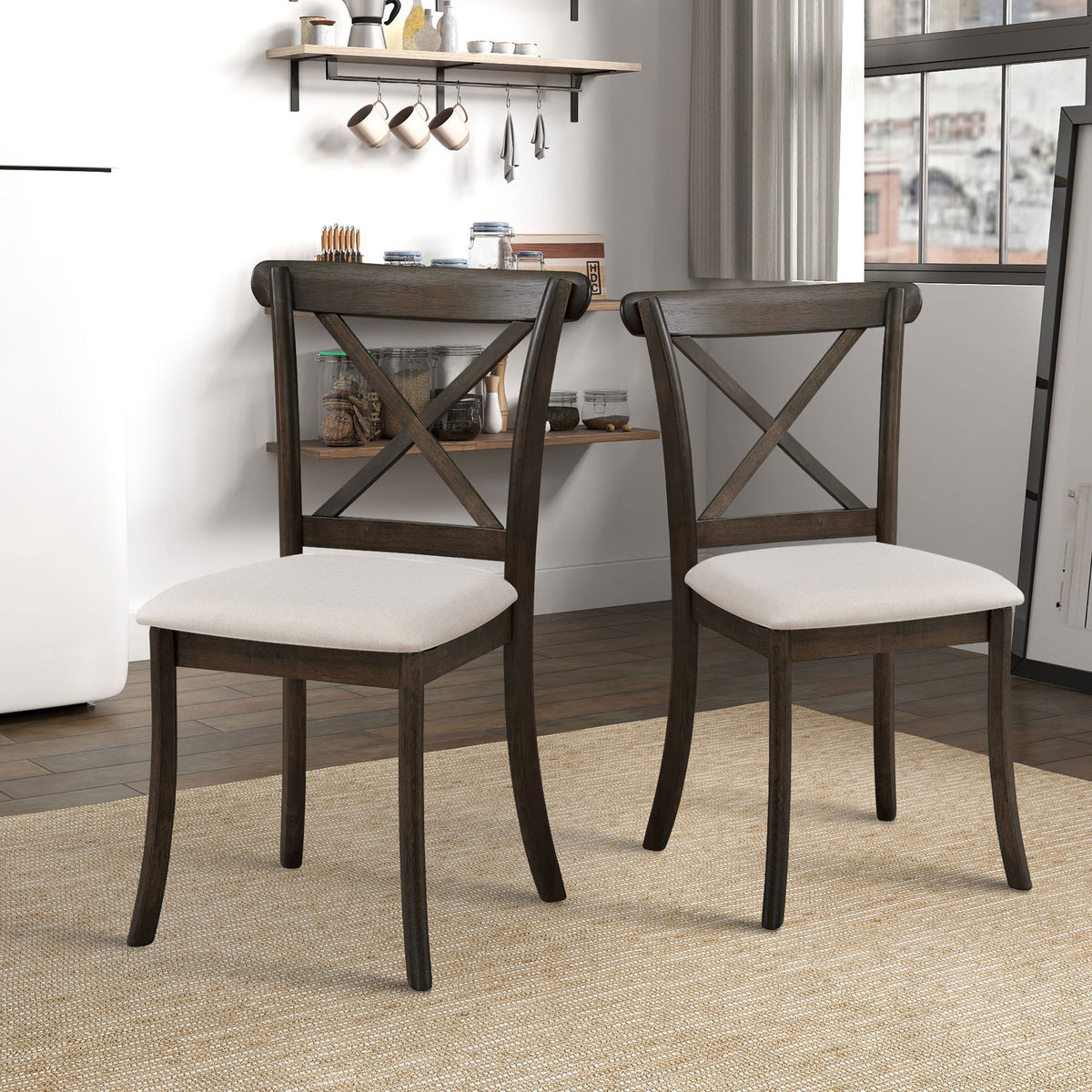 Wooden X Back Dining Chairs Set Of 2, Modern Fabric Upholstered Kitchen Side 2PC Chairs, Cross Back Rubber Wood Farmhouse Dining Room Chair,Brown