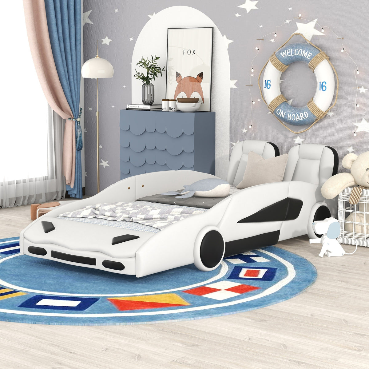 Twin Size Race Car-Shaped Platform Bed With Wheels, White