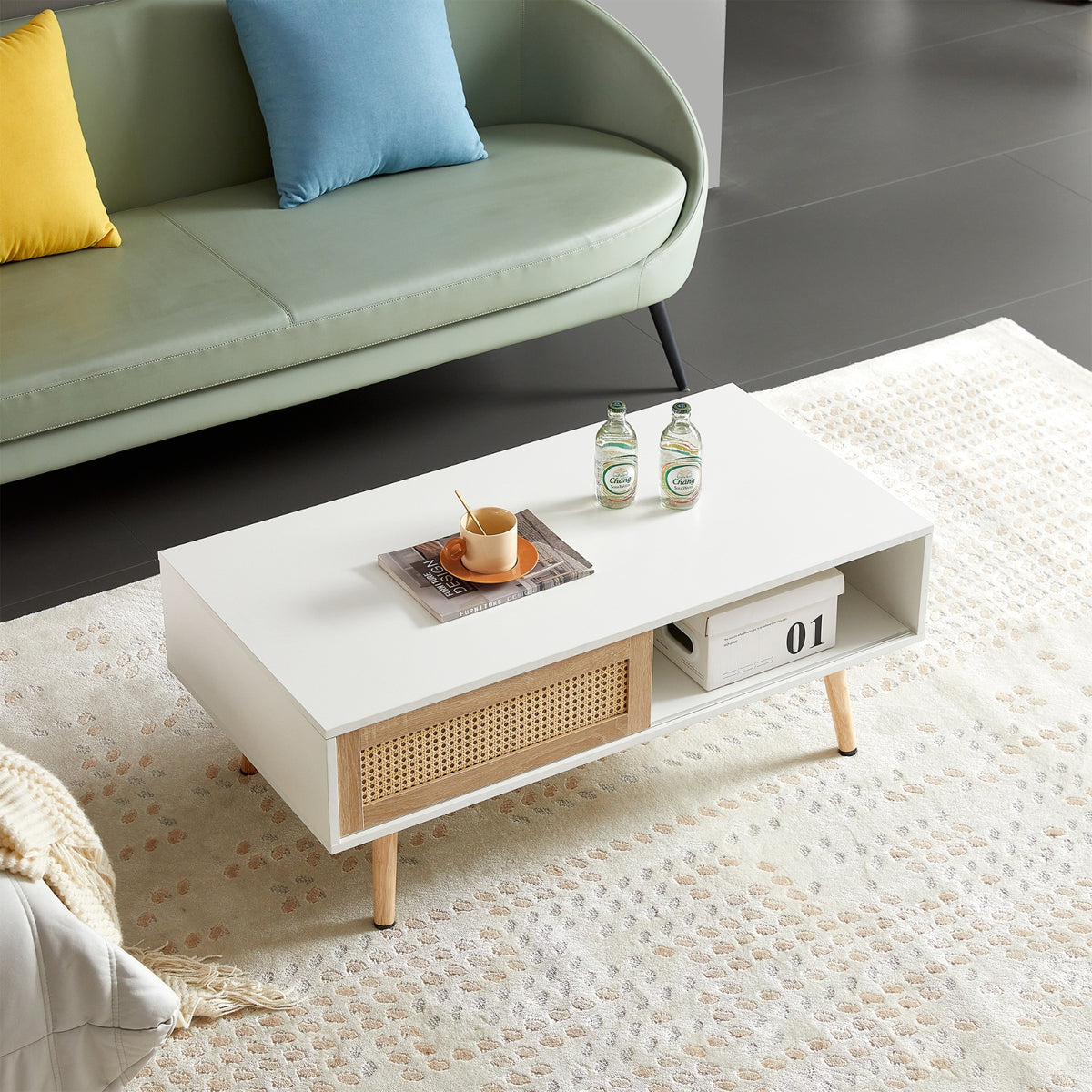 Rattan Coffee Table With Sliding Door And Solid Wood Legs