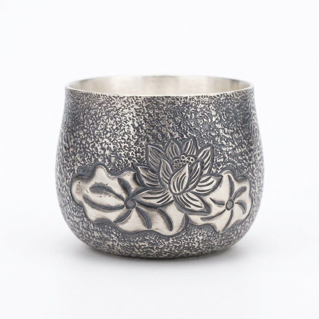 925 Sterling Silver Elegant Hammered Metal Cups with Embossed Lotus Bloom Designs - Handicraft