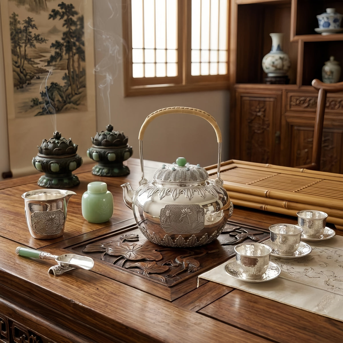 925 Sterling Silver Ornate Handcrafted Silver Teapot with Green Jade Finial and Intricate Filigree Details - Handicraft