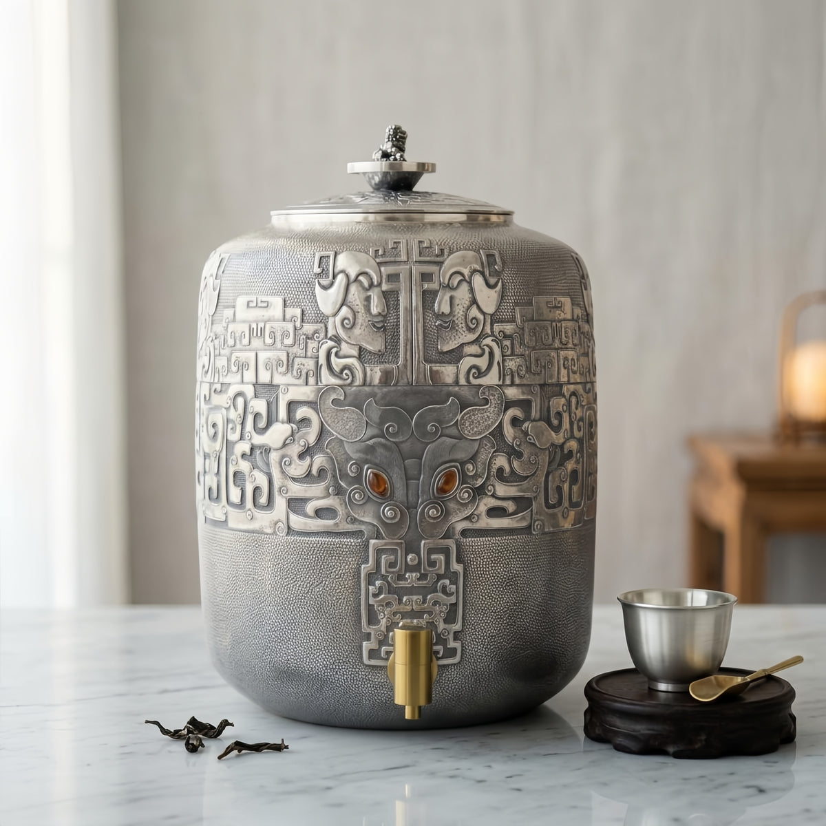 Pure 999 Fine Silver Exquisite Ornate Silver-Tone Beverage Dispenser with Mythical Embossed Patterns and Lion Finial Lid - Handicraft