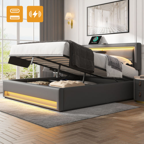 Upholstered Bed 135 X 190 Cm,Double Bed-4ft6,with USB Port Supports Wireless And Wired Charging, With LED Lighting And Storage Space, Without Mattress, PU-Lychee Design, Gray