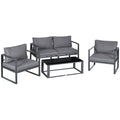 4 Pieces Garden Sofa Set 2 Single Armchair 1 Bench & Side Table Set Aluminium Frame Patio Furniture With Cushions Grey