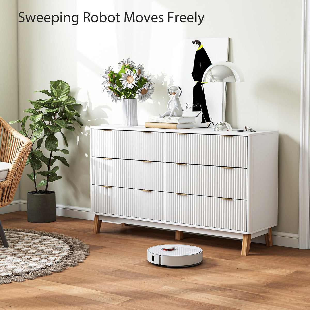 6 Drawer Double Dresser For Bedroom, Fluted Chest Of Drawers With Gold Finger Pulls And 5 Wood Legs, White