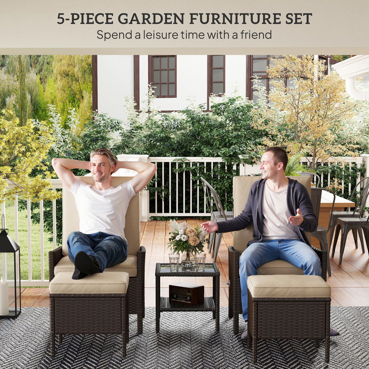 5 Piece Rattan Garden Furniture Set, Wicker Patio Sofa Set With 2 Armchairs, 2 Footstools, Glass Top Coffee Table With Shelf, Outdoor Furniture With Adjustable Backrests, Cushions, Khaki