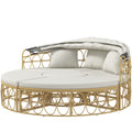 Patio Furniture Set, Round Outdoor Daybed with Retractable Canopy, Hollow Wicker PE Rattan Sectional Sofa with Washable Couch Cushions for Pool, Lawn, Cream White