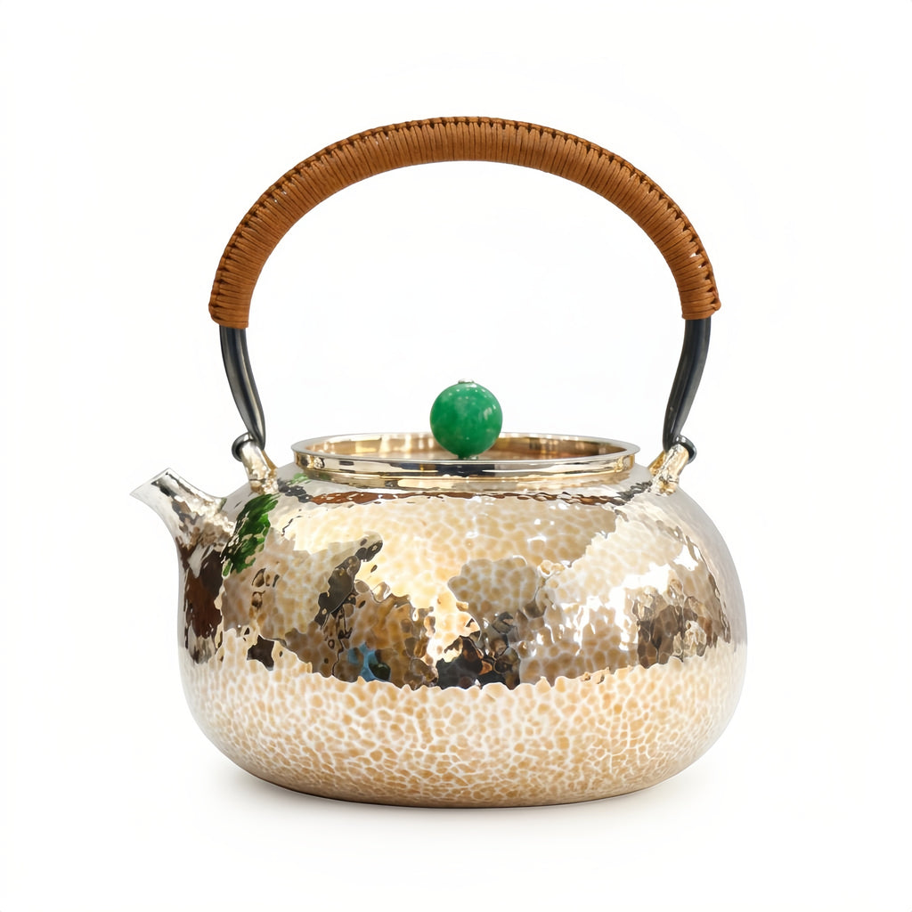 Pure 999 Fine Silver Handcrafted Hammered Silver Teapot with Traditional Woven Handle and Green Jade Knob - Handicraft