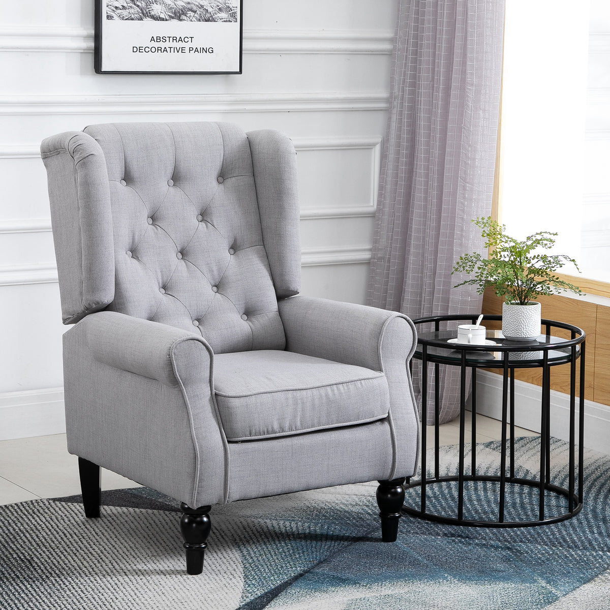 Gray Fabric Tufted Club Accent Chair With Removable Cushion, Wooden Legs