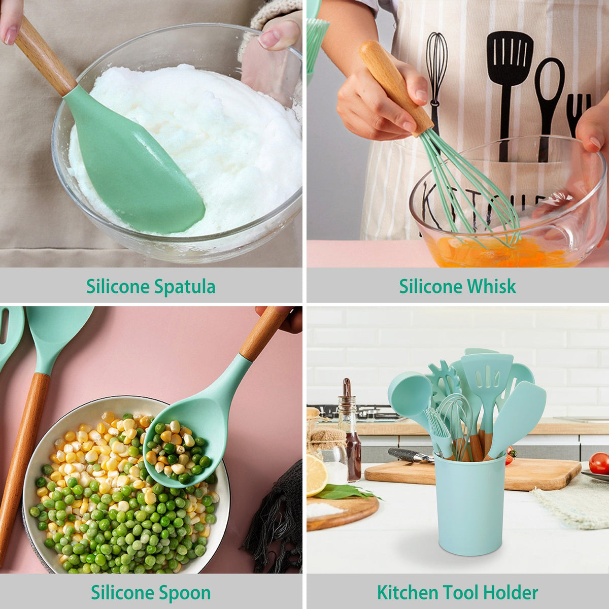 2 Color Options -- Set Of 11Pcs Silicone Cooking Utensil Set Heat Resist Wooden Handle Silicone Spatula Turner Ladle Spaghetti Server Tongs Spoon Egg Kitchenware Set With Holder