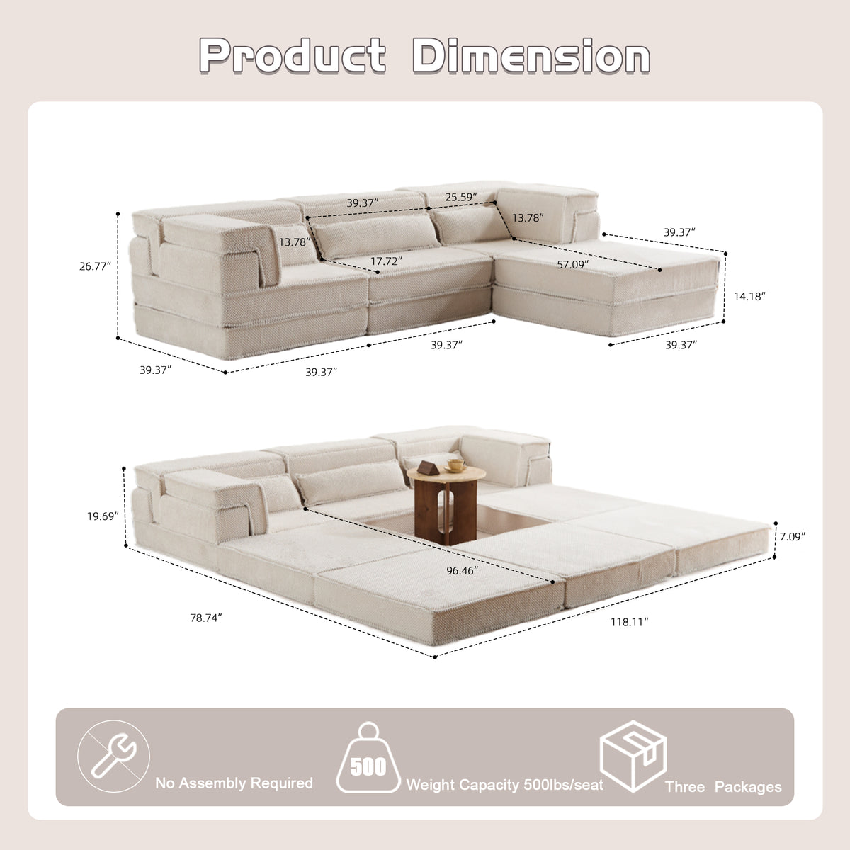 Compression Mahjong Sofa,Convertible Floor Sofa Bed,DIY Boneless Modular Sectional Sofa,No Assembly Required,Circle Fleece Fabric,Oversized 4 Seater With 3 Pillows,White