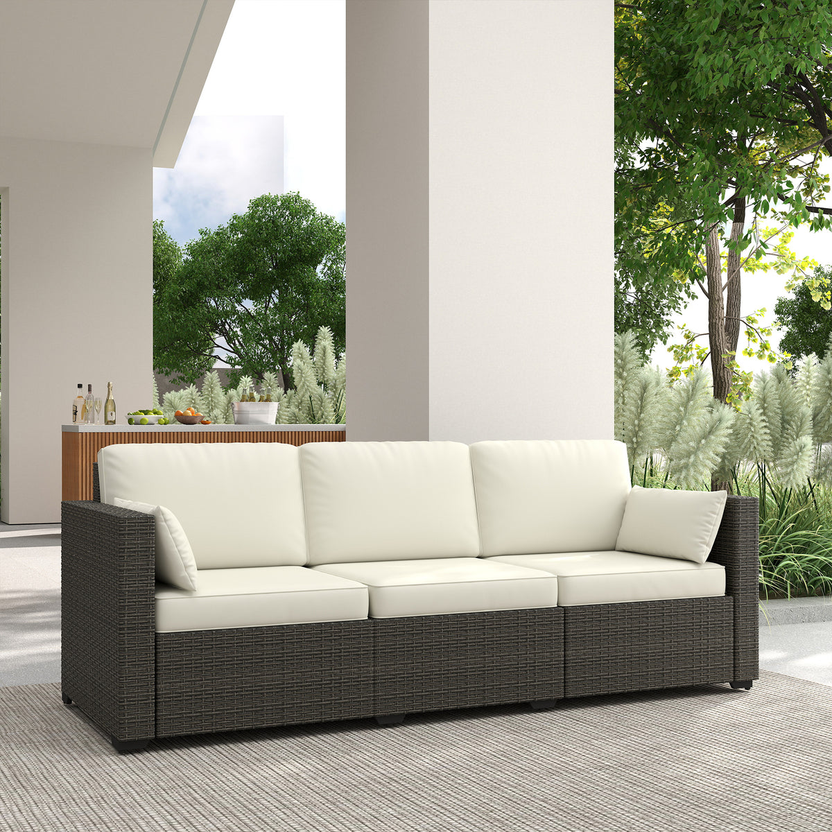Patio Couch PE Wicker Deep Seating Outdoor Sofa with Removable Cushions, 3 Seater Rattan Sofa, Outdoor Furniture for Balcony, Deck, Garden and Poolside, Cream White