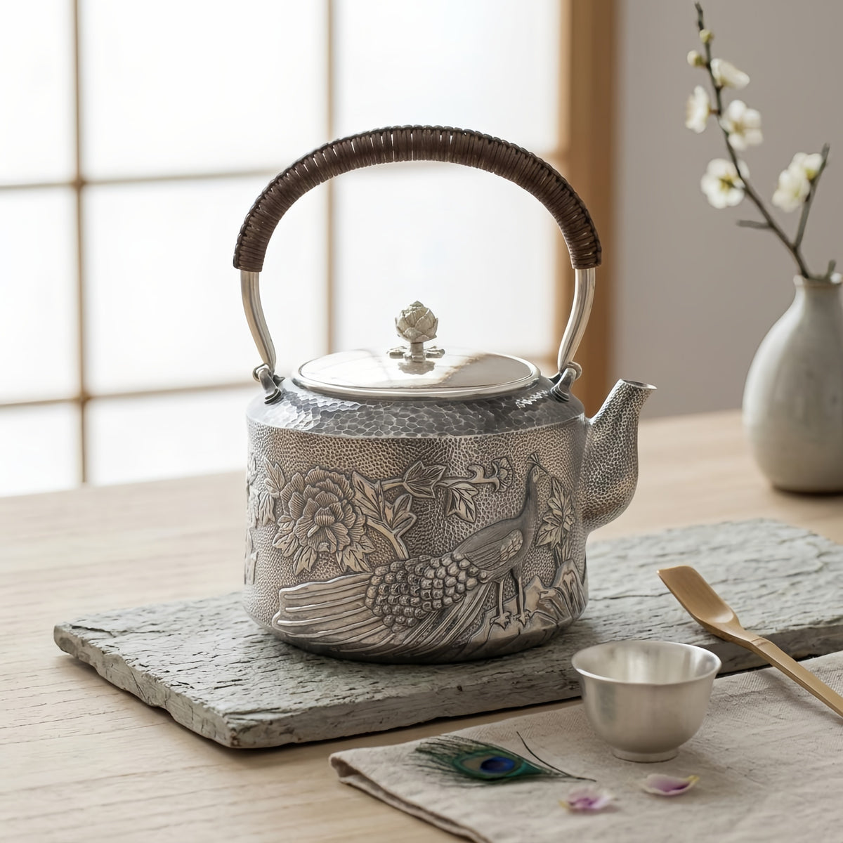 925 Sterling Silver Exquisite Handcrafted Silver Teapot with Intricate Peacock and Floral Relief - Handicraft