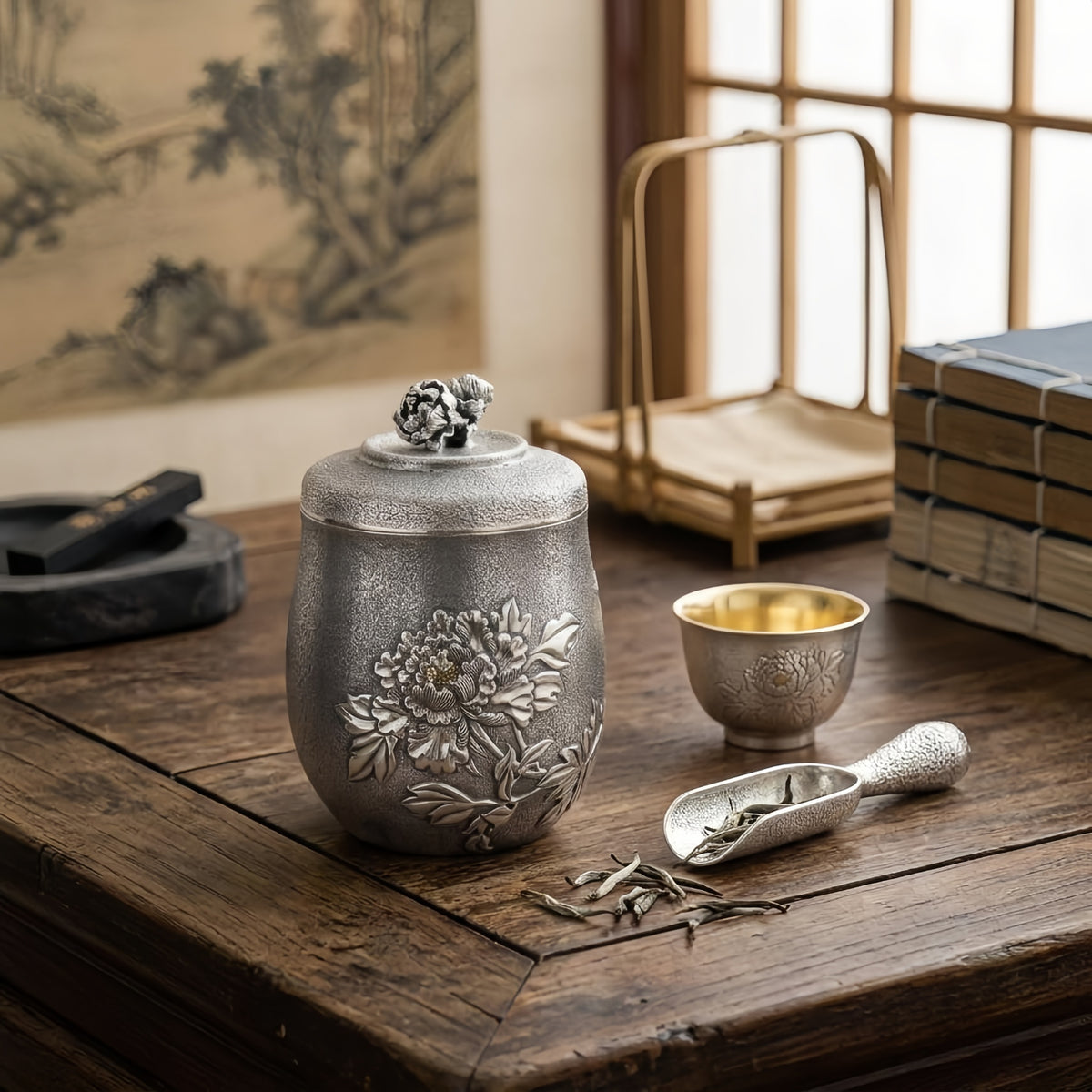 Pure 999 Fine Silver Elegant Handcrafted Silver Peony Tea Caddy with Textured Relief and Floral Lid - Handicraft