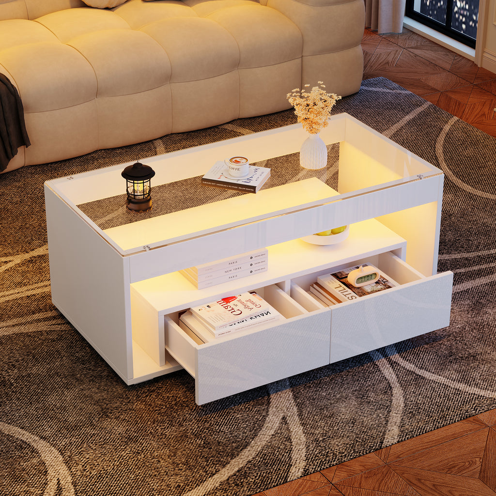 High Gloss Coffee Table With Open Storage, LED Lights, Centre Table With Glass Tabletop, Sofa Side Table With 2 Drawers, Coffee End Table With LED For Living Room, Office, 100X50X40cm, White